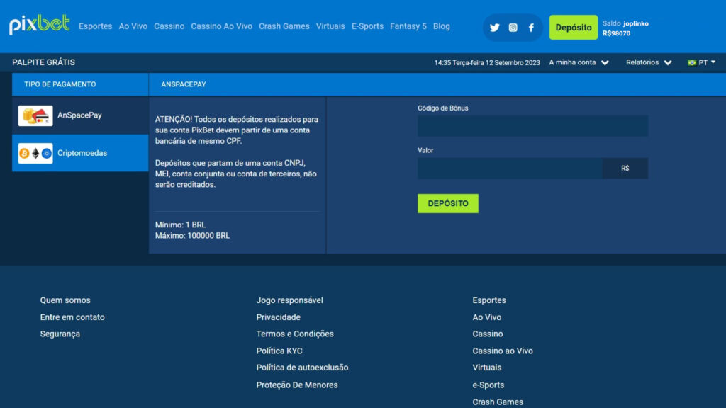 Depósito de Fundos Pixbet